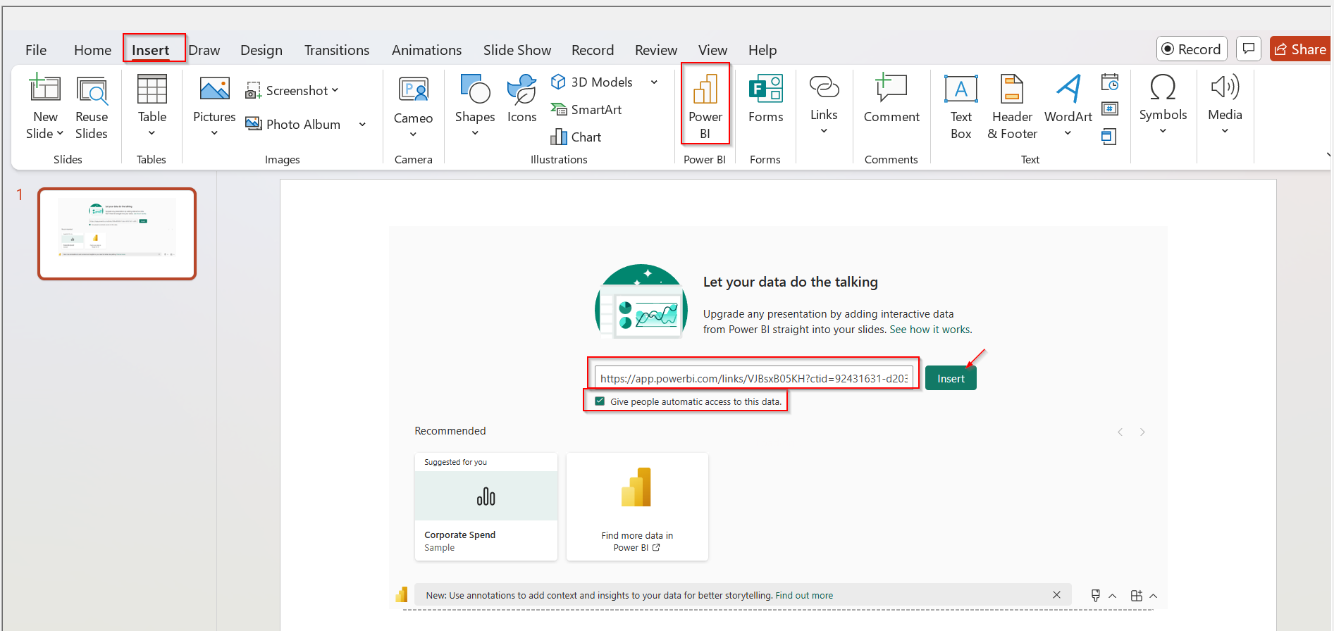 PowerPoint Power BI add-in screenshot